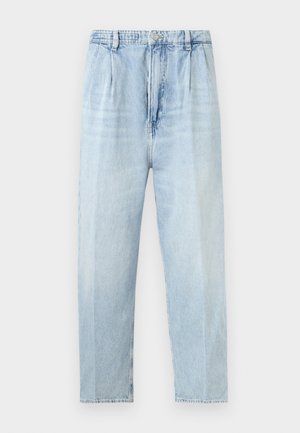 Lyseblå jeans med høy midje og rette ben, foran med folder, beltehemper, knappelukking og falmede vertikale foldedetaljer.