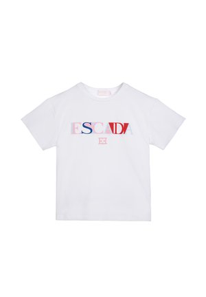 T-shirt bianca a maniche corte con logo "ESCADA" multicolore e piccolo emblema "EH" centrato sotto il logo.