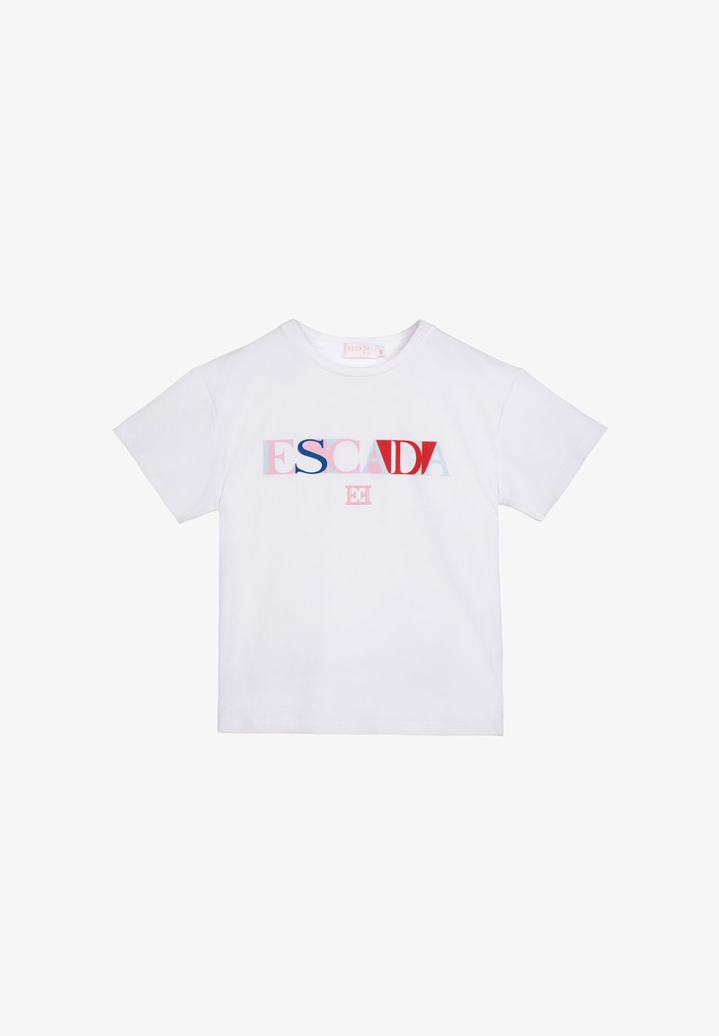 T-shirt bianca a maniche corte con logo "ESCADA" multicolore e piccolo emblema "EH" centrato sotto il logo.