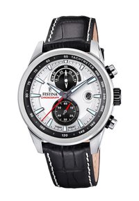 Silberner Chronograph mit schwarzem Lederarmband, Gehäuse aus Edelstahl, Tachymeterskala und drei Unterzifferblättern. Merkmale sind schwarze Akzente und ein roter Zeiger.