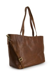 Bruine leren tote bag met stevige dubbele handgrepen en een verstelbare schouderriem. Heeft een gladde textuur en een reliëflogo-detail.