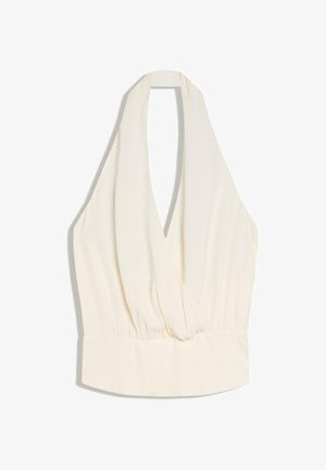 Haut sans manches couleur crème à col licou avec un décolleté en V profond et un détail de taille élastiquée froncée.