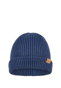 Blue ribbed knit beanie with a prominent folded cuff and a small leather logo patch on the side. Soft texture and close-fitting design.