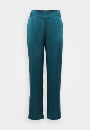 Teal satinbyxor med en slät yta, vida ben och hög midja. Har en enkel design utan mönster eller dekorationer.