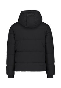 Schwarze Steppjacke mit Kapuze, mit einem gesteppten Design, gerippten Bündchen und einem kleinen Logodetail auf der unteren Vorderseite.