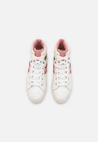 High-top sneakers with white leather exterior, pink accents, and gold hardware. Features white laces and a padded pink interior.