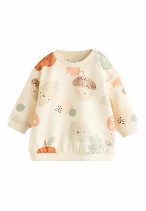 Light cream-colored sweatshirt with printed cute patterns of acorns, leaves, and clouds in soft pastels. Features ribbed cuffs and hem.