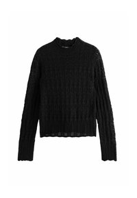 Maglione nero lavorato a maglia con texture a coste, scollatura ondulata e maniche lunghe con un design a traforo. Lunghezza cropped.