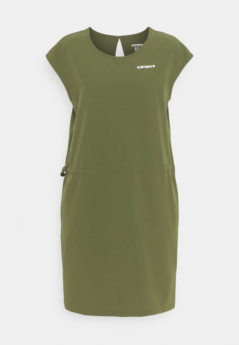 Robe décontractée sans manches vert kaki avec encolure ronde, taille élastique avec cordon latéral et petit logo blanc sur la poitrine.