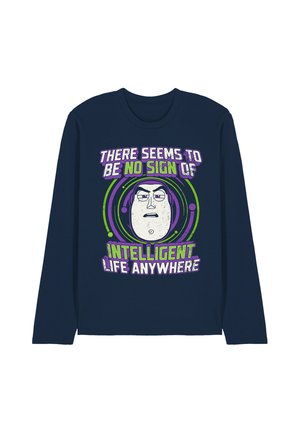 Navy long-sleeve shirt with purple and green text: "There seems to be no sign of intelligent life anywhere" and an illustrated serious face.
