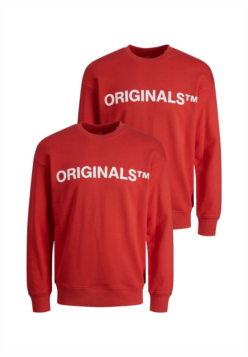 Red cotton sweatshirts featuring "ORIGINALS™" printed in bold white text across the chest, with ribbed cuffs and crew neck design.