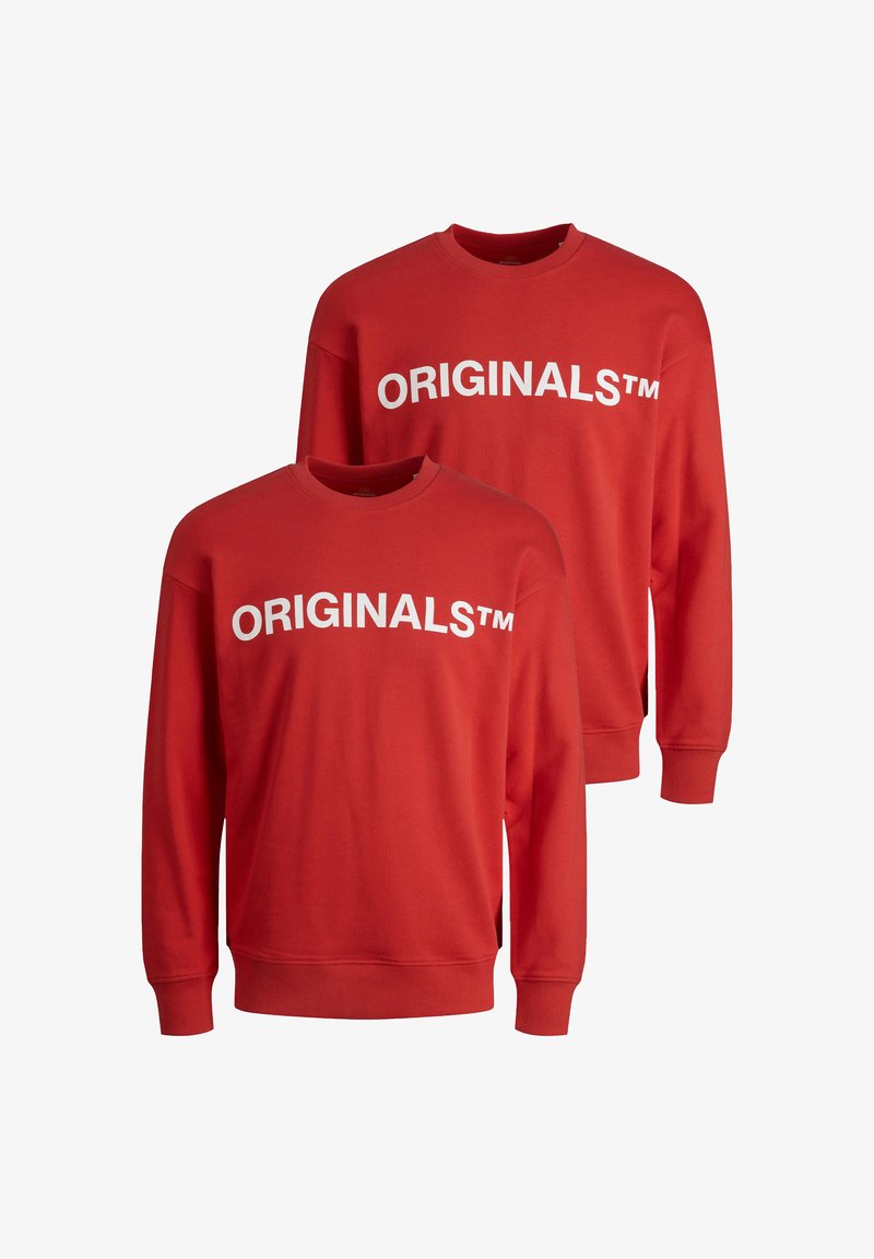 Red cotton sweatshirts featuring "ORIGINALS™" printed in bold white text across the chest, with ribbed cuffs and crew neck design.