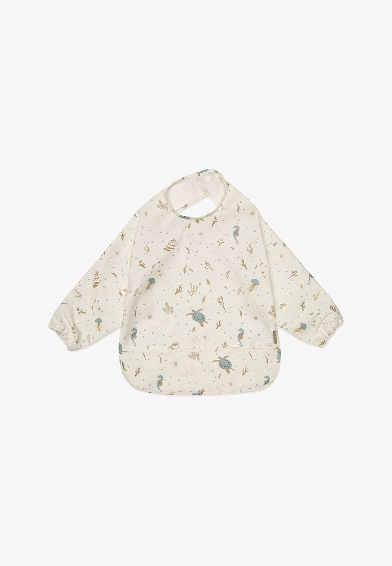 Dlhý rukáv so zástere v krémovom materiáli s potlačou námorných motívov, vrátane medúz, korytnačiek a koníkov. Elastické manžety a predná kapsa.