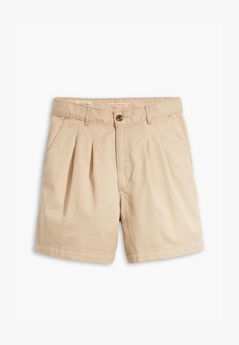 Shorts beige realizzati in cotone, con un design a pieghe sul davanti, chiusura a un pulsante e tasche laterali. Orlo standard senza fantasie.
