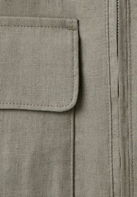 Gros plan d'une poche en tissu gris avec rabat et coutures visibles sur un vêtement.