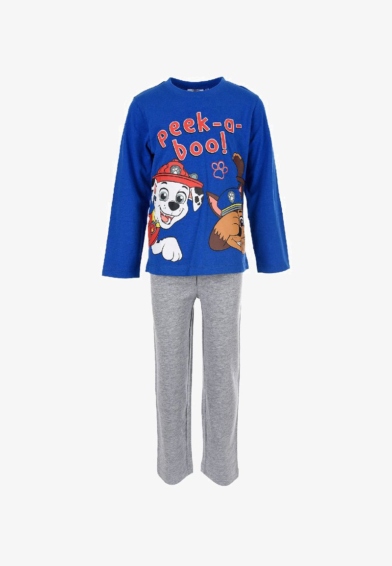 Completo pigiama per bambini con una maglietta a maniche lunghe blu decorata con cani dei cartoni animati e la scritta "Boo!". Pantaloni grigi con vita elastica in abbinamento.