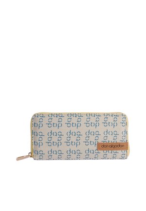 Cartera rectangular beige con patrón azul repetitivo, cierre de cremallera y etiqueta marrón con la inscripción "don algodon" en la parte delantera.