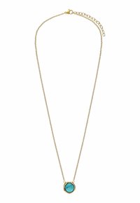 Gouden ketting met een ronde turquoise hanger met een gladde textuur, geregen aan een delicate ketting met een sluiting en verlenging.