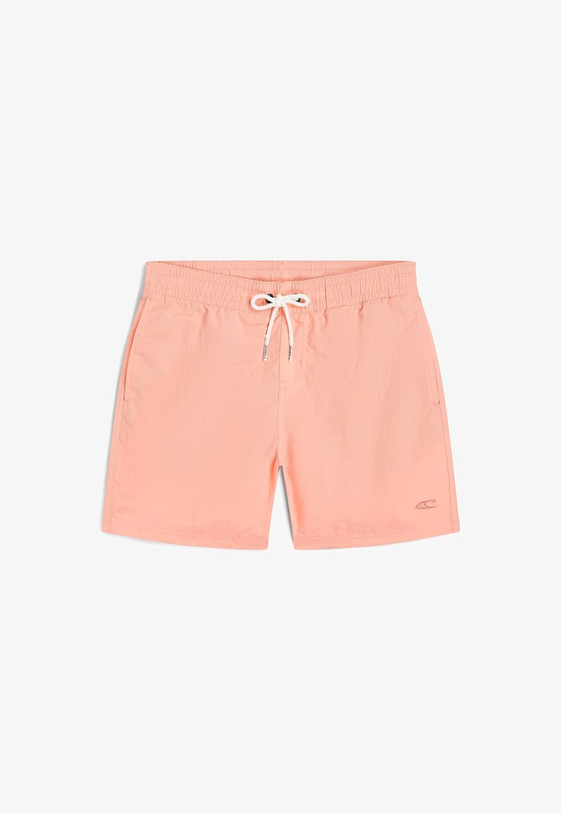 Persikų maudymosi šortai, pagaminti iš lengvos medžiagos, su elastinga juosmens juosta, balta raišteliu, šoninėmis kišenėmis ir mažyčiu logotipu ant apvado.