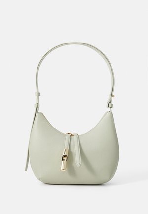 Light green leather shoulder bag with a curved shape, gold hardware, and a zipper closure. The strap is adjustable for comfort.
