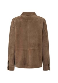 Giacca in suede marrone con colletto, maniche lunghe e polsini con bottoni. Caratterizzata da una texture liscia e un design semplice e minimalista.