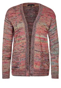 Flerfärgad stickad cardigan med öppen framsida, långa ärmar och två framfickor. Har ett texturerat mönster med varierande nyanser.