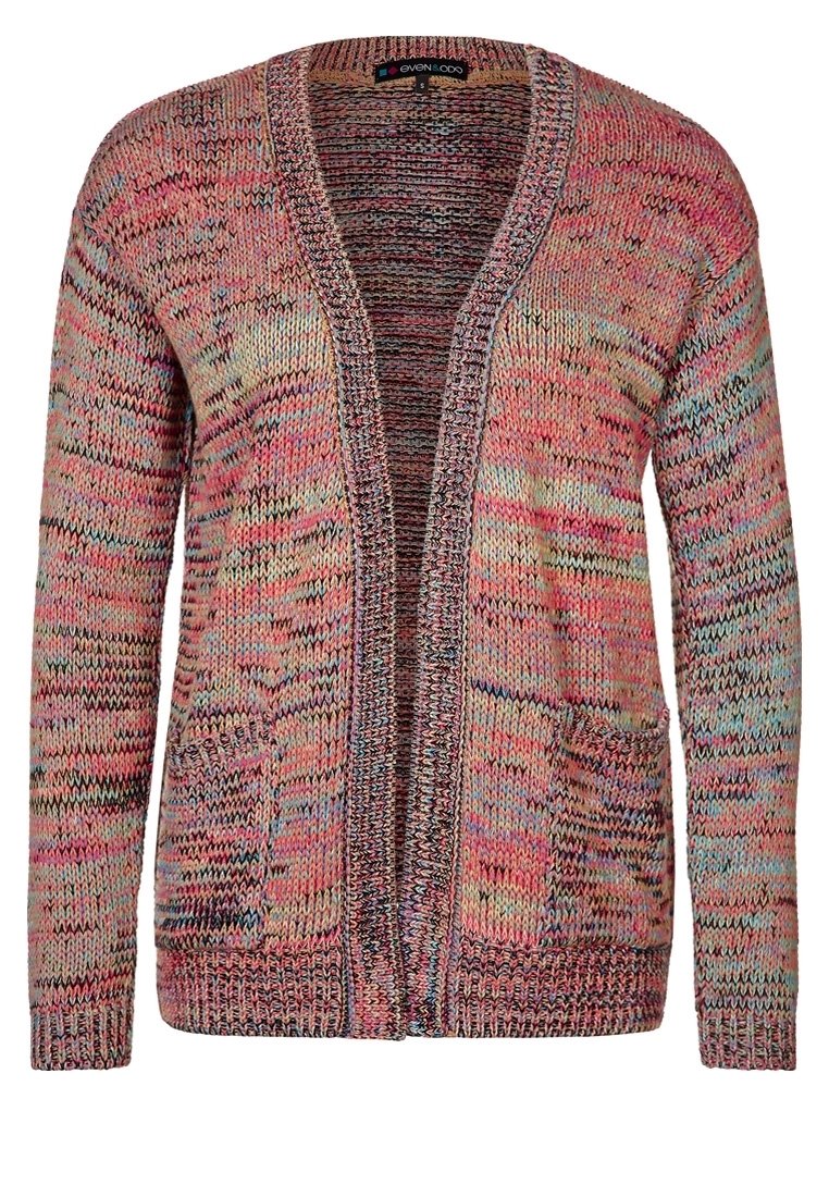 Flerfärgad stickad cardigan med öppen framsida, långa ärmar och två framfickor. Har ett texturerat mönster med varierande nyanser.