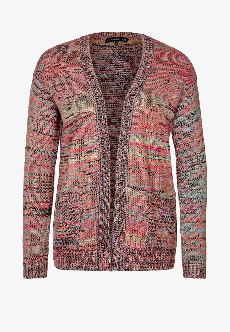 Flerfärgad stickad cardigan med öppen framsida, långa ärmar och två framfickor. Har ett texturerat mönster med varierande nyanser.