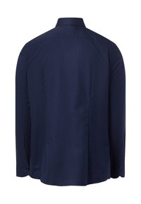 Camicia blu navy a maniche lunghe con un delicato motivo a pois bianchi, polsini con bottoni e colletto classico, caratterizzata da una vestibilità sagomata.