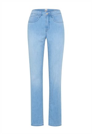 Light blue straight-leg denim jeans with front button, zipper, and five-pocket design, shown on a white background.