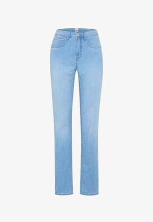 Hellblaue Denim-Jeans mit geradem Bein, Frontknopf, Reißverschluss und Fünf-Taschen-Design, auf weißem Hintergrund dargestellt.