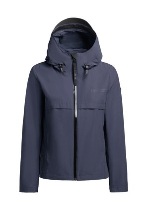 Veste imperméable bleu marine avec capuche, fermeture éclair à l'avant, poche poitrine, cordon de serrage réglable sur la capuche et détail de logo sur la poitrine.