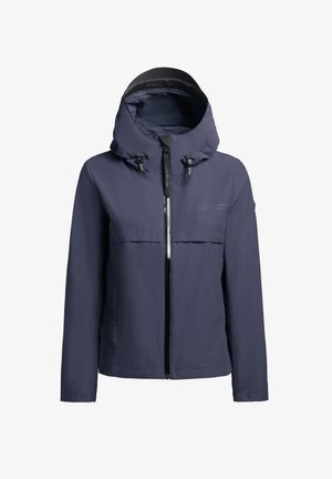 Veste imperméable bleu marine avec capuche, fermeture éclair à l'avant, poche poitrine, cordon de serrage réglable sur la capuche et détail de logo sur la poitrine.