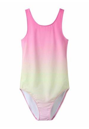 Maillot de bain une pièce sans manches avec encolure arrondie, tissu rose dégradé vers vert clair ombré, bords cousus, sur fond blanc.