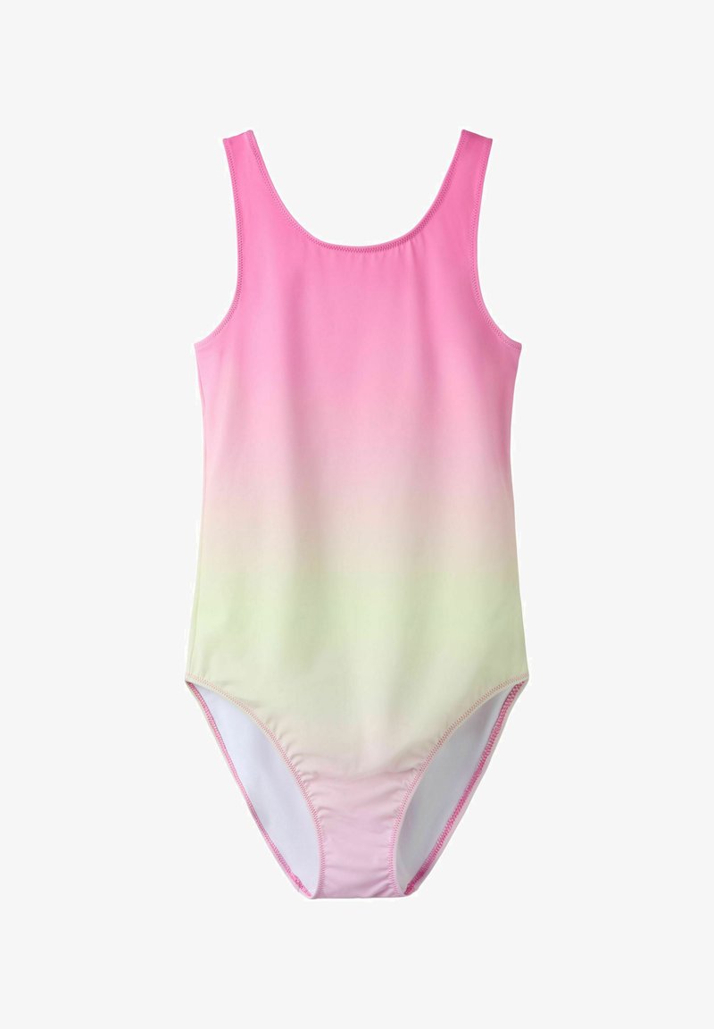 Maillot de bain une pièce sans manches avec encolure arrondie, tissu rose dégradé vers vert clair ombré, bords cousus, sur fond blanc.