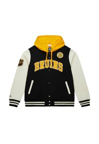 Schwarze Collegejacke mit einer gelben Kapuze. Mit "BRUINS" in fetten gelben Buchstaben, Mannschaftslogo auf der Brust und gestreiften Bündchen. Cremfarbene Ärmel.