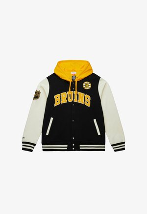 Black varsity jacket with a yellow hood. Features "BRUINS" in bold yellow letters, team logo on the chest, and striped cuffs. Cream sleeves.