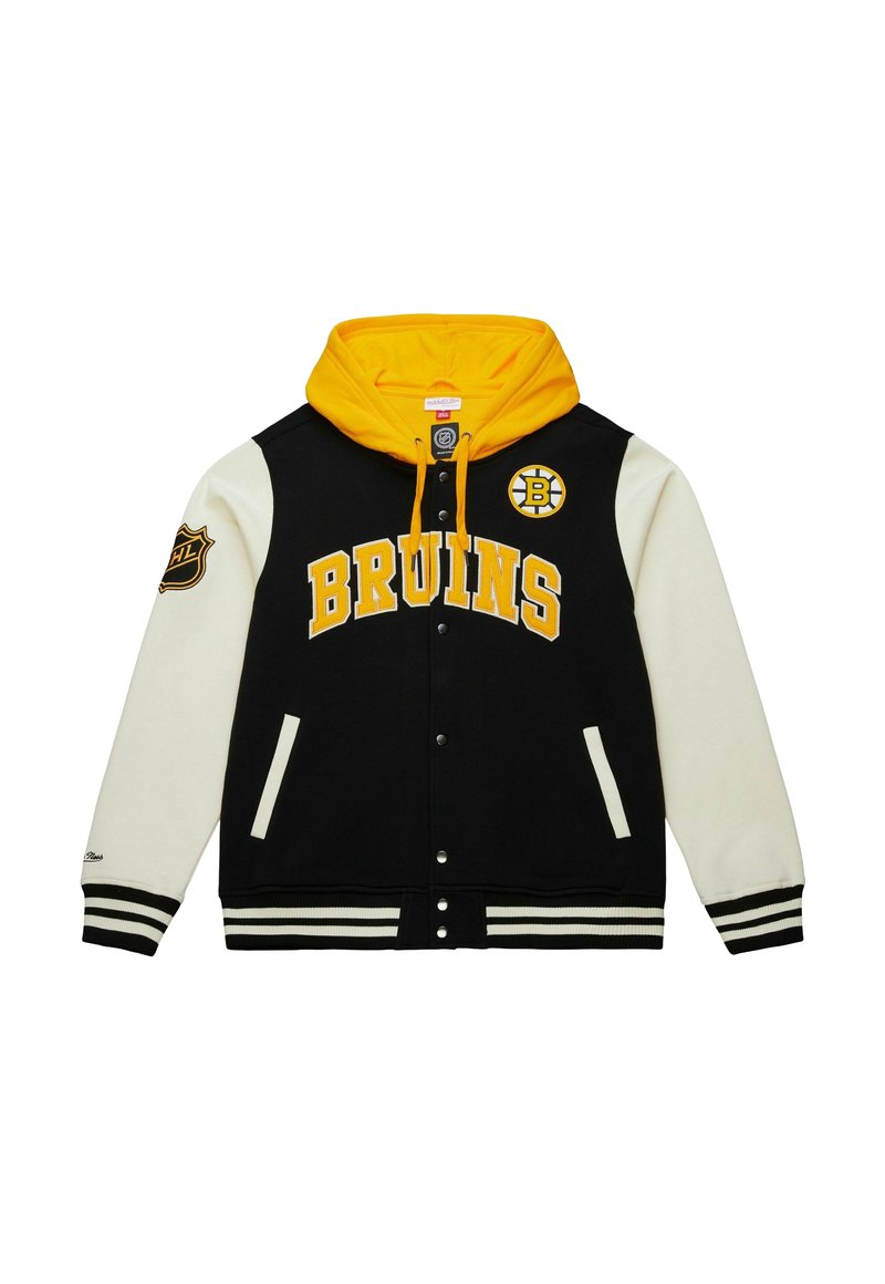Schwarze Collegejacke mit einer gelben Kapuze. Mit "BRUINS" in fetten gelben Buchstaben, Mannschaftslogo auf der Brust und gestreiften Bündchen. Cremfarbene Ärmel.