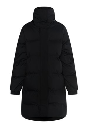 Black puffer coat with a high collar, featuring a smooth texture, long sleeves, and a straight cut, secured with a central zip closure.