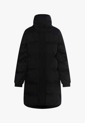 Juodas pūkinis paltas su aukštu apykakliu, turintis lygų paviršių, ilgomis rankovėmis ir tiesia iškirpte, užsegamas centrine užtrauktuku.