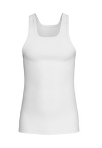 Weißes ärmelloses, tailliertes Tanktop mit breiten Schulterträgern und quadratischem Ausschnitt auf einem einfarbigen Hintergrund.