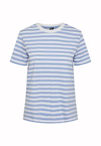 Lühikese varrukaga särk horisontaalsete helesiniste ja valgete triipudega, ümmarguse kaelusega ja tavapärase lõikega.