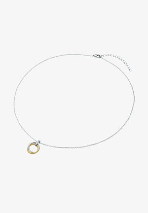 Hõbe ketiga kaelakee, millel on ümmargune ripats, millel on keeratud kuldne detail, tekstureeritud pind ja lukustuskonks, mille pikkust saab reguleerida.