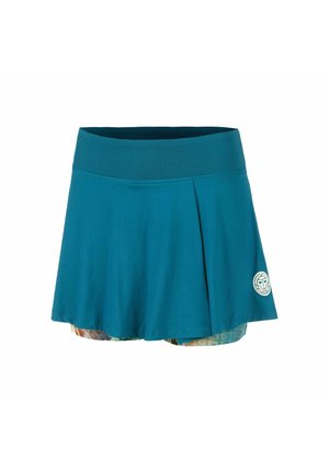 Turkoois sportskort met brede tailleband, ingebouwde meerkleurige patroonshorts en een klein, rond wit logo vlak bij de zoom.