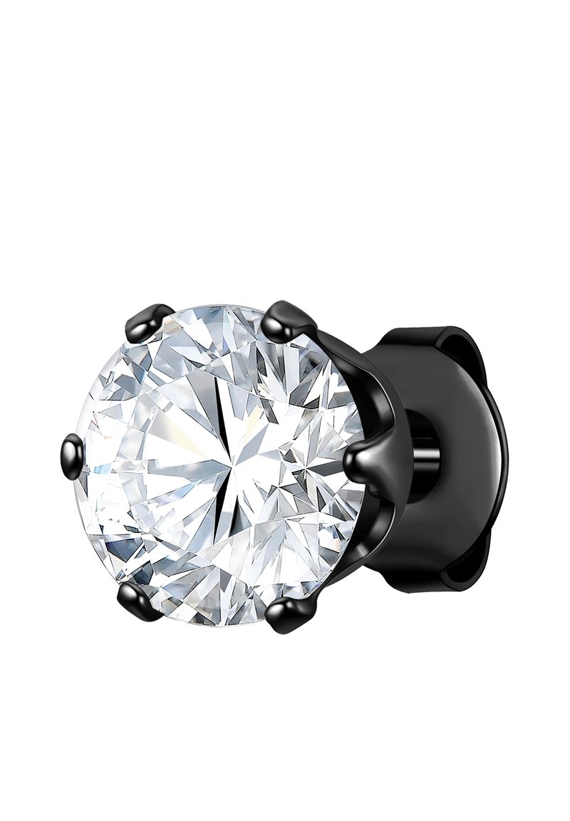 Zwarte studoorbel met een grote, ovale, heldere edelsteen die vastgehouden wordt door vier klauwen; gepolijste afwerking met een gladde textuur.