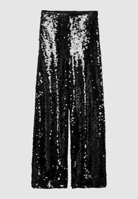 Schwarze, mit Pailletten besetzte, weit geschnittene Hosen mit glänzender, strukturierter Oberfläche. Sie verfügen über eine hohe Taille und ein fließendes Design, das sich für formelle Anlässe eignet.