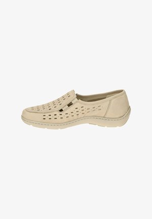 Beiger Slipper-Casual-Schuh mit perforiertem Obermaterial für Atmungsaktivität und gepolsterter Sohle für Komfort.