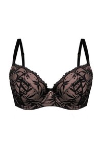 Czarny koronkowy biustonosz z różowym podkładem, kwiatowy wzór, formowane miseczki, falbany na krawędziach, regulowane ramiączka oraz dekoracyjny detal na środku.