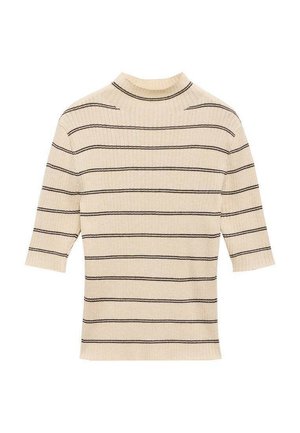 Beige geribbelde korte mouw trui met zwarte horizontale strepen, met een hoge nek en een iets getailleerd ontwerp.