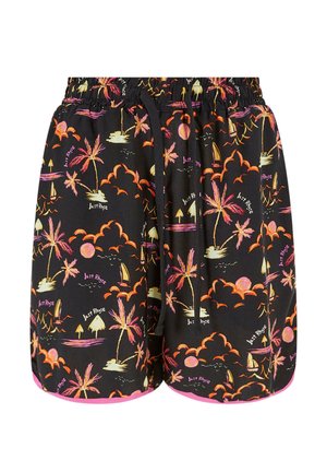Black shorts with a colorful tropical pattern featuring palm trees, clouds, and sailboats. An elastic waistband with a drawstring completes the design.